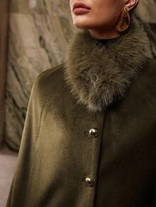 MOTF PREMIUM CONTRAST FAUX FUR BUTTON UP OVERCOAT - Olive Green - View 3