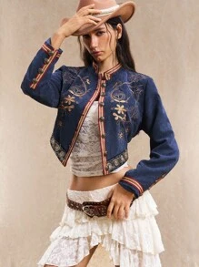 Easelle 灯芯绒大衣 初秋外套 夹克 刺绣 刺绣风格 波西米亚风 西部游牧风 - 藏蓝色 - 查看 5