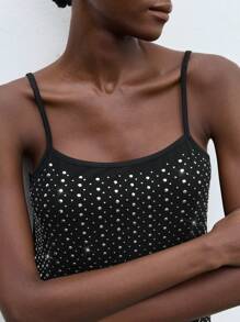 Maija Women's Summer Rivet Decor Loose Camisole Y2k Clothes Country Concert Top Going Out Tops Coquette Club Outfits Women Sexy  Studded Top Eyelet Top For Women Studded Tank Top Sequin Top Rhinestone Top Tops For Going Out Halloween Clothes Women Tank Tops Women - Black - View 6