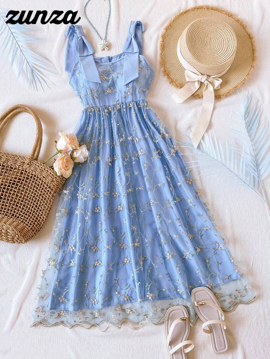Elegant Embroidered Textured Mesh Skirt For Teen Girls - Blue - View 1