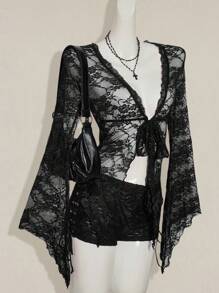 SHEIN ICON Women's Stylish Black V Neck Lace Blouse With Flowy Flare Sleeves,Sexy Top