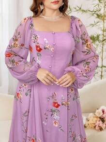 Modelyn Váy maxi voan họa tiết hoa cổ vuông tay bồng cỡ lớn cho nữ, phong cách nghỉ dưỡng lãng mạn thanh lịch - Nhiều màu - Xem 6