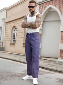 Manfinity Homme Loose Fit Men's Cotton Solid Color Slant Pocket Jeans - Purple - View 6