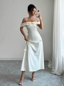 Elenzga 女士优雅蝴蝶结腰修身无袖中长连衣裙，高端大气，百搭减龄 - 杏色 - 查看 3