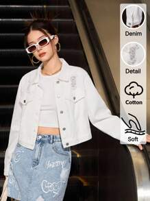 Denimly Women's Casual Everyday Urban Street Style Ripped Design Open Front Simple Comfortable Washed White Denim Jacket Fall Winter - White - View 1
