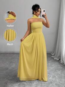 Elenzga 1 chiếc váy yếm màu trơn cho nữ có chi tiết xếp ly, váy dài không tay thanh lịch, trang phục maxi cho nữ - Màu vàng - Xem 5