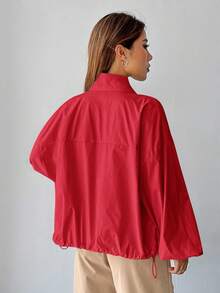 SHEIN EZwear 女士编织纯色简约休闲长袖夹克红色夹克外套 Y2k 秋冬拉链夹克 - 紅色 - 查看 2