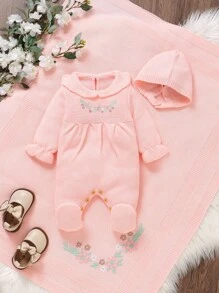 SHEIN Bộ trang phục sơ sinh 3 món cho bé gái: Bộ đồ liền thân thêu màu hồng, chăn đan, mũ - Màu Hồng baby - Xem 3