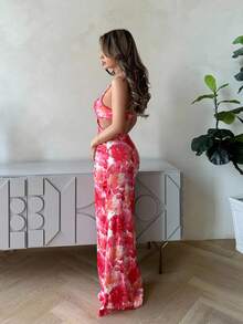 Jemour Đầm Lộ Lưng Hội Chữ thập Xù Dây kéo Hoa Boho - Màu Cam san hô - Xem 5