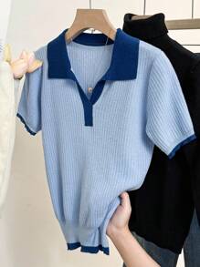 Suéter de punto casual de mujer con bloque de color y manga corta, para otoño e invierno - Azul - Ver 1