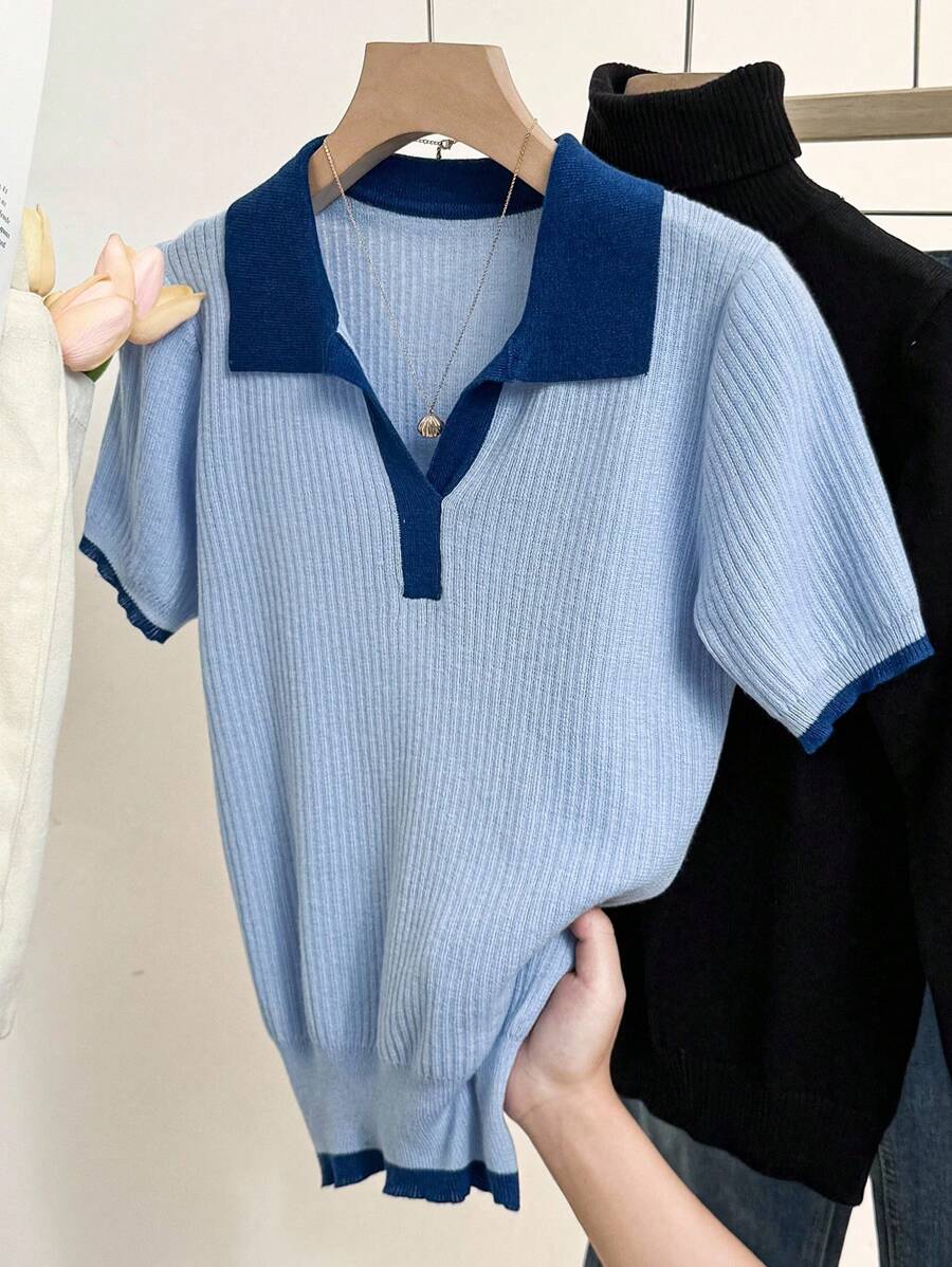 Suéter de punto casual de mujer con bloque de color y manga corta, para otoño e invierno - Azul - Ver 1