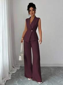 Elenzga Conjunto de oficina elegante para ir al trabajo y tomar el té de la tarde, compuesto por una chaqueta blazer sin mangas con cuello y bajo asimétrico, con decoración de hebilla metálica en la cintura, combinada con pantalones de cintura elástica, conjunto de 2 piezas, para primavera/verano
