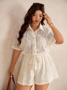 Elaquor Plus Size Solid Color Jacquard Romper, Casual Holiday,Teacher Outfits For Women