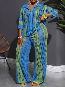 SHEIN CURVE+ New Fashion Vacation Casual Hollow Out Collarless Long Sleeve Cardigan + Wide Leg Pants Blue-Green Striped 2 Pieces Knit Sweater Set, Plus Sizefall Clothes For Women,Winter,CURVE PLUS Autumn - Multicolor - View 4