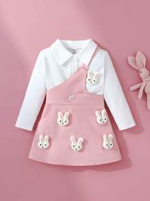 SHEIN 2 件套女童夏季服装，幼儿女婴短袖 Polo 领上衣 + 可爱兔子吊带裙 - 粉色 - 查看 2