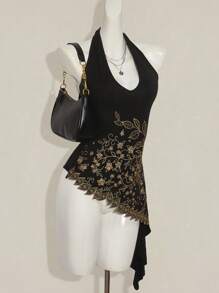 SHEIN ICON Áo bandeau thêu kim sa lấp lánh phong cách Bohemian mùa hè Y2K thời trang ngày lễ cho nữ, viền đen bất đối xứng, thời trang thu đông - màu đen - Xem 5