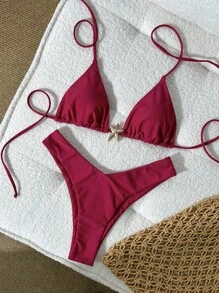 Swim Basics Women's Solid Color Spaghetti Strap Metal Decor Sexy Bikini Set, Summer - Red - View 1