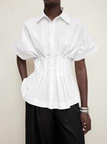 BizChic Women's Elegant White Waist-Cinched Batwing Sleeve Blouse, Suitable For Daily, Work, Dates, Commuting And Vacation, Spring/Summer - White - View 11