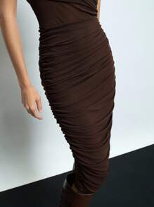 Maija Đầm nữ màu trơn thanh lịch, xếp ly eo, cổ tròn, không tay, ôm dáng, dài đến đầu gối, chất liệu hơi xuyên thấu, thích hợp cho tiệc tùng, Tết Nguyên đán, trang phục thu thanh lịch, đồ nữ, đầm màu nâu. - màu nâu - Xem 4