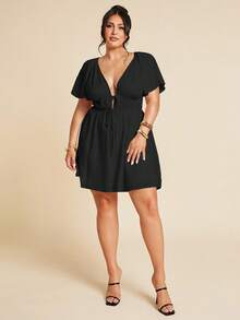 SHEIN BAE Plus Size Women's V-Neck Ruched Tie Linen Short Sleeve White Elegant Dress, Casual Everyday Dress, Mini Dress, Fashion Daily Wear/ Black Vacation Dress/ Flutter Sleeve Dress/ Black Mini Dress/ Plus Size Black Dress