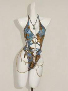 SHEIN ICON 交叉带链条装饰复古佩斯利印花露背吊带紧身衣