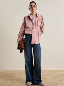 INAWLY Women's Casual Everyday Striped Front Button Down Oversized Shirt Fall Cloth For Women - Pink - View 7