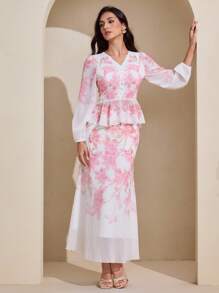 Graceveil 女式渐变色印花 V 领长袖上衣和修身半身裙两件套