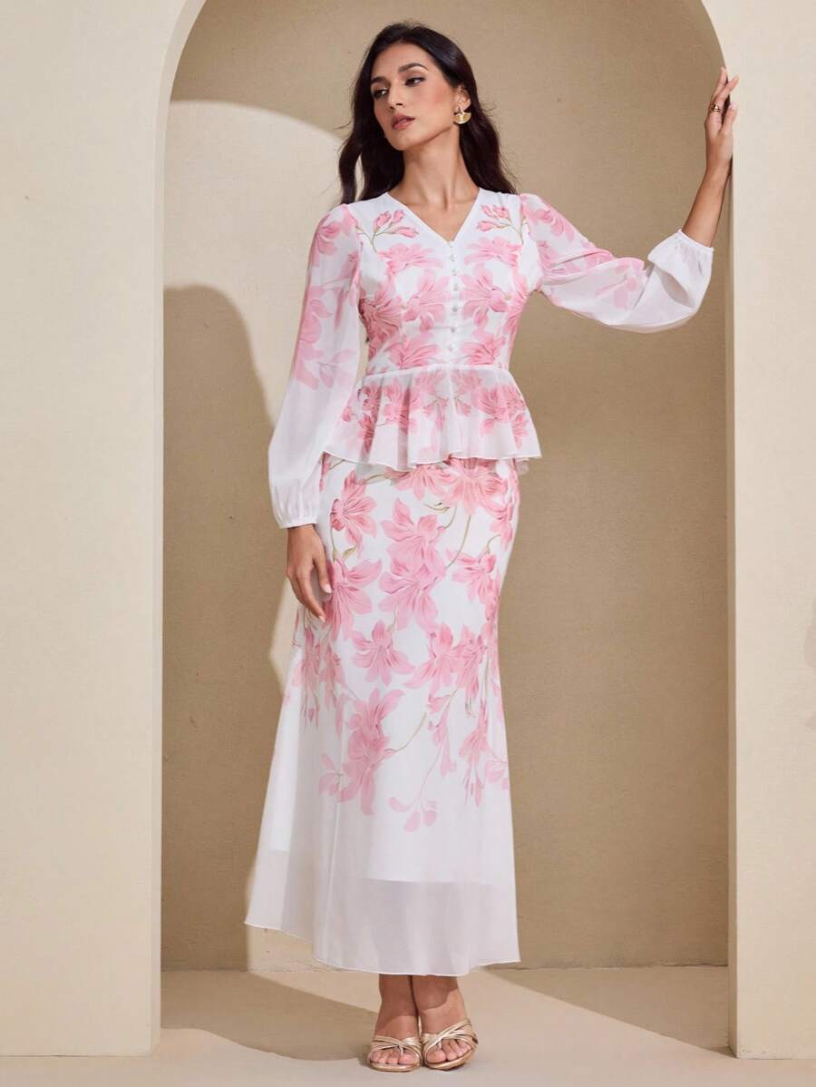 Graceveil 女式渐变色印花 V 领长袖上衣和修身半身裙两件套