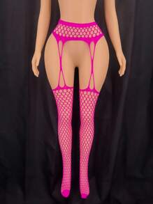 Hollow Out Mesh Suspender Tights - Hot Pink - View 6