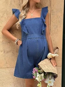 SHEIN Maternity Casual Ruffle Square Neck Denim Bib Pants For Summer, Spring/Autumn,Only Cute Summer Holiday Elegant Vacation Romantic Curve Farmhouse