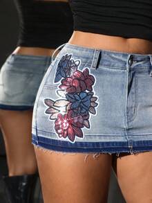 Jeanoix Women's Sexy Sequin Floral Embroidery Low Waist Mini Denim Skirt, Summer - Blue - View 6