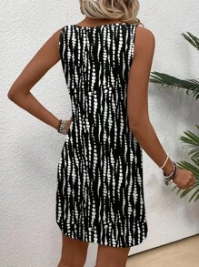 EMERY ROSE 休闲复古黑白扎染图案圆领短款背心裙，波西米亚风，波西米亚风格，适合秋季、夏季度假、音乐节、乡村、海滨