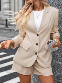 INAWLY Bộ vest thường ngày 2 món cỡ tiêu chuẩn dành cho nữ, áo khoác blazer thanh lịch và quần short rộng rãi - Màu be - Xem 3