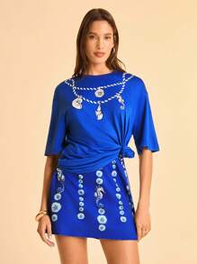 CAJUNI Tropical Ocean Element Graphic Print Casual Vacation Low Waist Shorts & Skirt - Multicolor - View 1