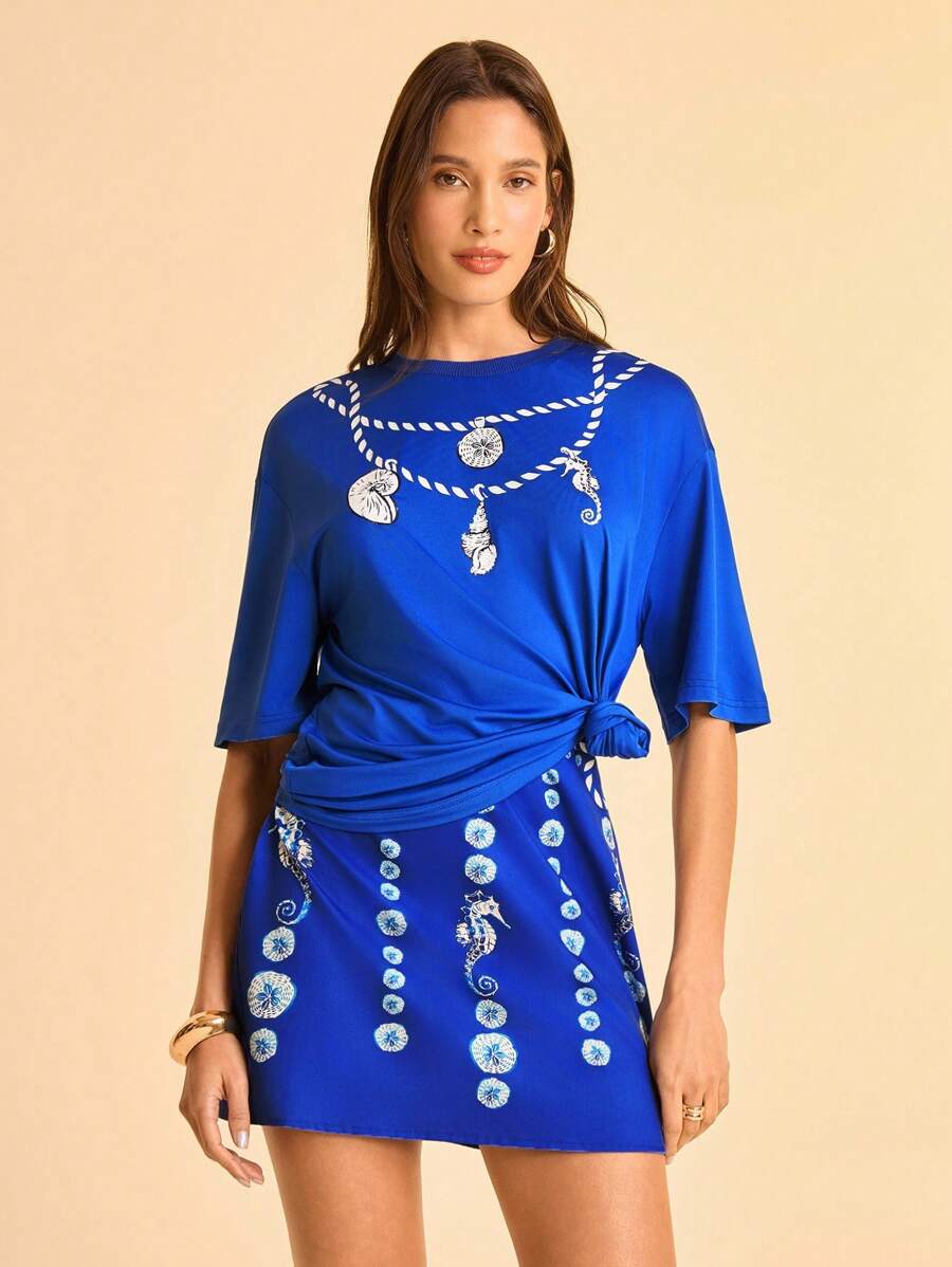 CAJUNI Tropical Ocean Element Graphic Print Casual Vacation Low Waist Shorts & Skirt - Multicolor - View 1