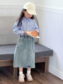 DAZY 年轻女孩竖条纹落肩长袖休闲宽松衬衫 - 藍色 - 查看 3