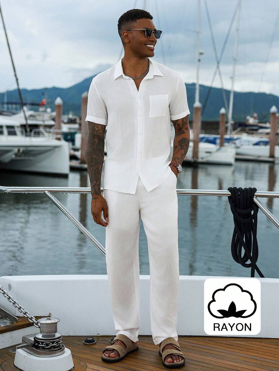 Manfinity Homme 男士人造丝纯色短袖单排扣口袋衬衫和裤子休闲套装，白色海滩全人造丝服装，邮轮服装，老钱 - 白色 - 查看 1