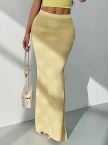 SHEIN PETITE Falda amarilla casual de punto con textura floral para mujer - Amarillo - Ver 6