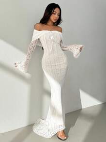 SHEIN PETITE فستان أنيق بأكمام طويلة من الدانتيل مع ربطة أمامية، بلون أحادي وأكتاف مكشوفة للنساء - الأسود - مشاهدة 6