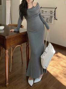 Dazy Plus Gaun Rajut Maxi Lengan Panjang Bodycon Elastis 2 in 1 untuk Wanita Ukuran Plus, Gaun Musim Gugur - Grey - View 5
