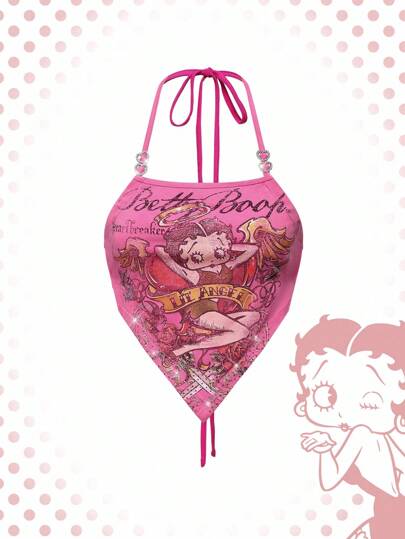 Betty Boop | ROMWE Top corto con figura a cartone animato con orlo asimmetrico e decorazioni in strass a forma di cuore per le donne
