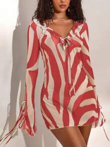 Opulessa Women's Zebra Print Patchwork Ruffle Tie Front Cover Up Dress,Beige Casual Summer Vacation Holiday Long Sleeve Beachwear Bathing Suit Swim Coverups - Multicolor - View 3