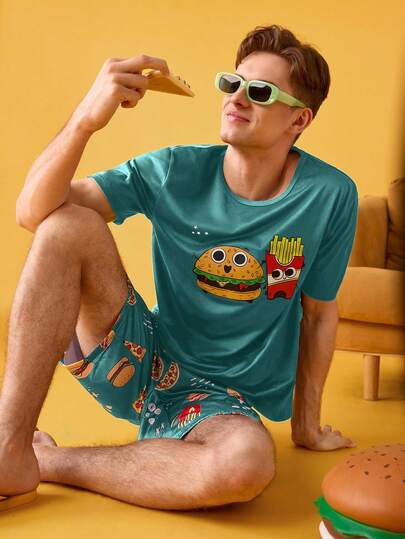 Notgurli Funny Print Cartoon American Fast Food Hamburger Fries Pizza Hot Dog T-Shirt Shorts, Comfortable Casual Funny Pajama Suit For Men