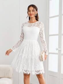 Ellevyn Đầm ngắn màu trắng thanh lịch cổ tròn phối ren mỏng ôm sát eo dành cho nữ, thích hợp mặc hàng ngày - trắng - Xem 2