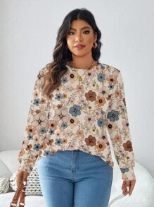 EMERY ROSE Plus Size Women Vintage Floral Print Loose Crew Neck Long Sleeve T-Shirt, Casual Autumn Winter