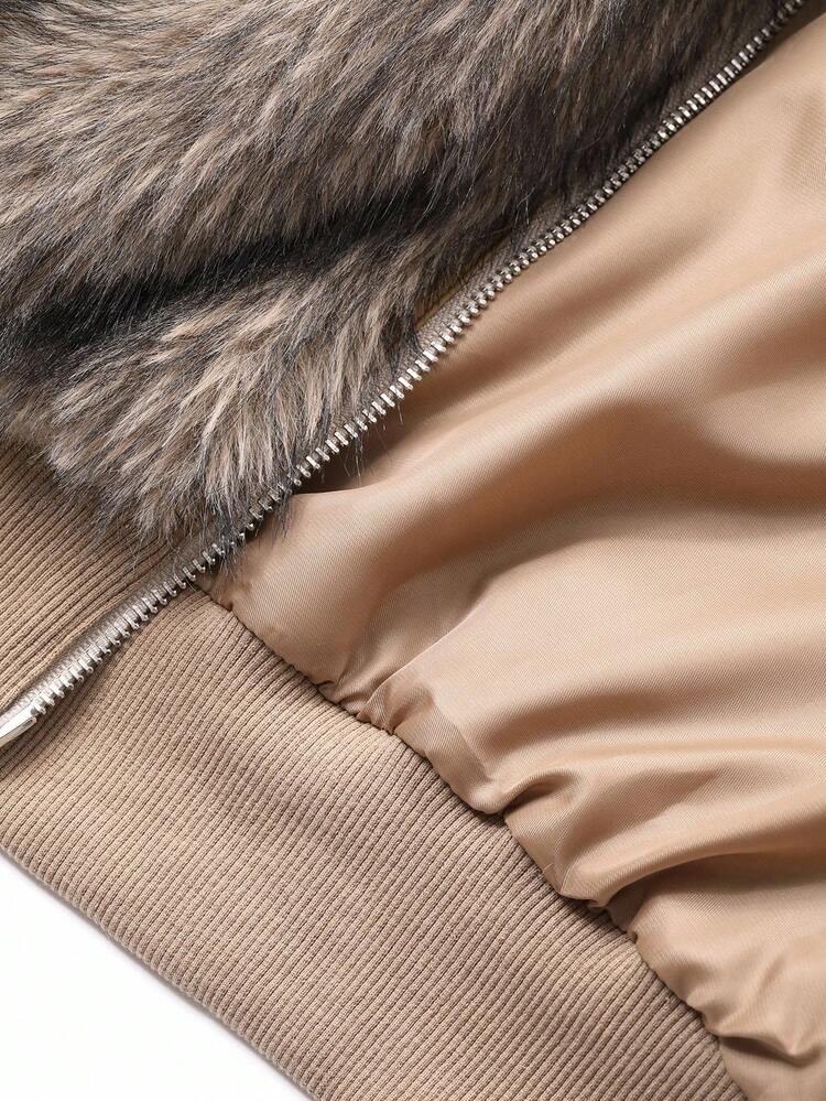 Men's Autumn Plush Fabric Embroidered Brown Hooded Furry Coat Jacket
