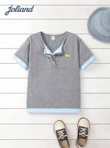 Joliand 1pc Young Girl Elegant Urban Casual Versatile Dog Decor Patchwork Grey & Light Blue Crew Neck Short Sleeve T-Shirt, Suitable For Back To School, Travel, Everyday, Summer & Autumn Back To School  School  Clothes School Supplies ColorfulJoy Backtoschool