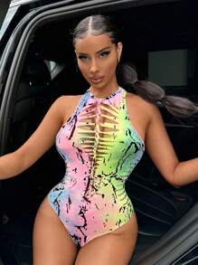 SHEIN SXY 街头夏季休闲女装夏季扎染镂空性感无袖挂脖连体衣 - 藍色 - 查看 1