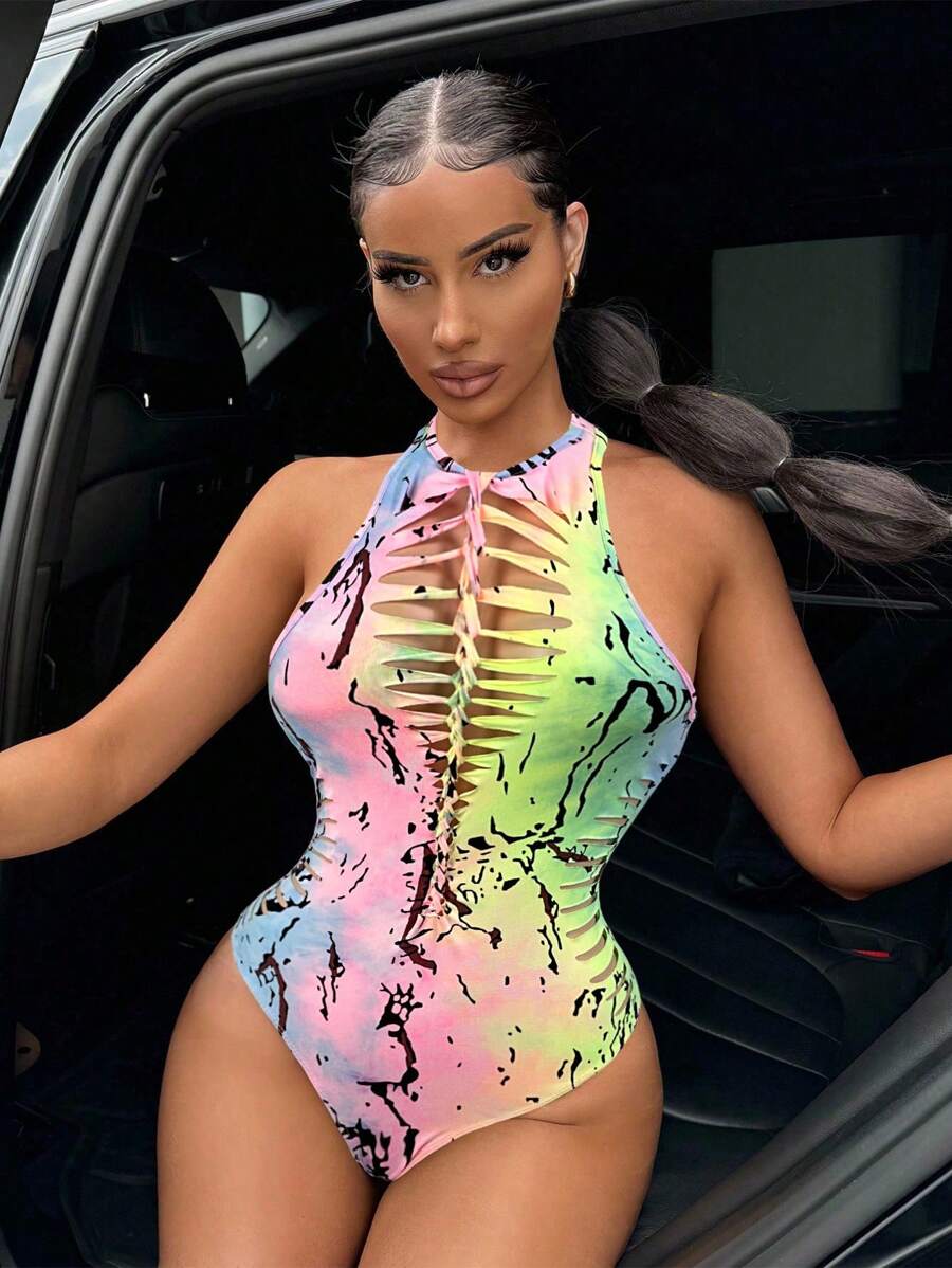 SHEIN SXY 街头夏季休闲女装夏季扎染镂空性感无袖挂脖连体衣 - 藍色 - 查看 1