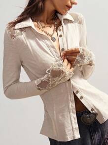 Bohemela 女士休闲纯色针织撞色蕾丝 T 恤 - 杏色 - 查看 3